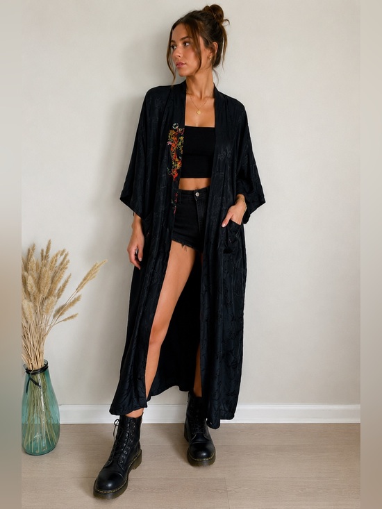 Esme Other - Vintage Esme Black Dragon Embroidered Rayon Kimono Robe Duster M